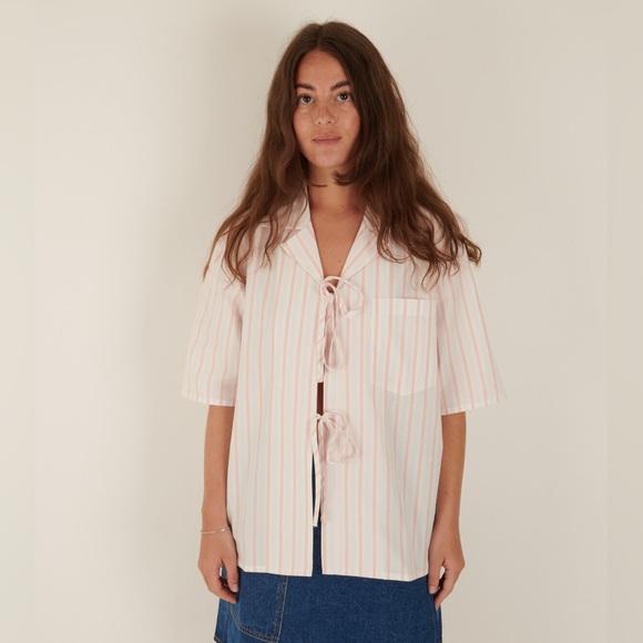 OperaSPORT Tops - OperaSPORT Striped Tara Shirt in Coral/Lilac
